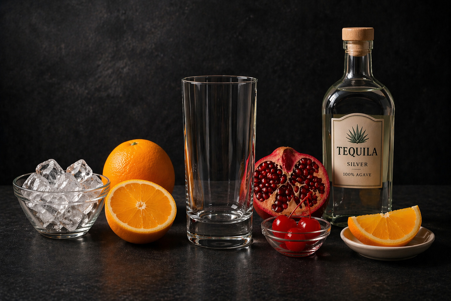 Mise en place of fresh fruit, ice and tequila for a house cocktail.
